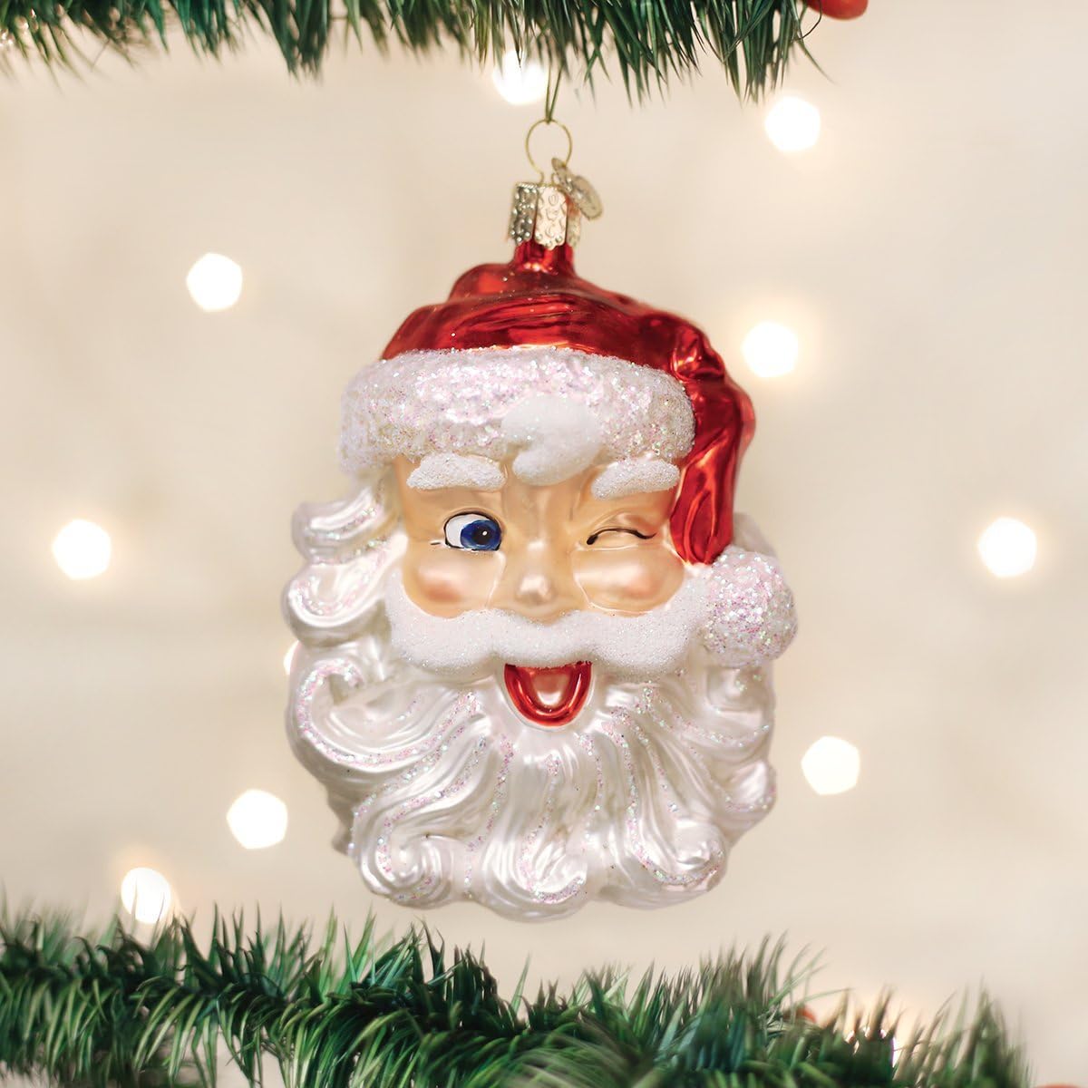Mid-Century Santa Head Glass Blown Ornament - 3.25” for Christmas Tree Decor