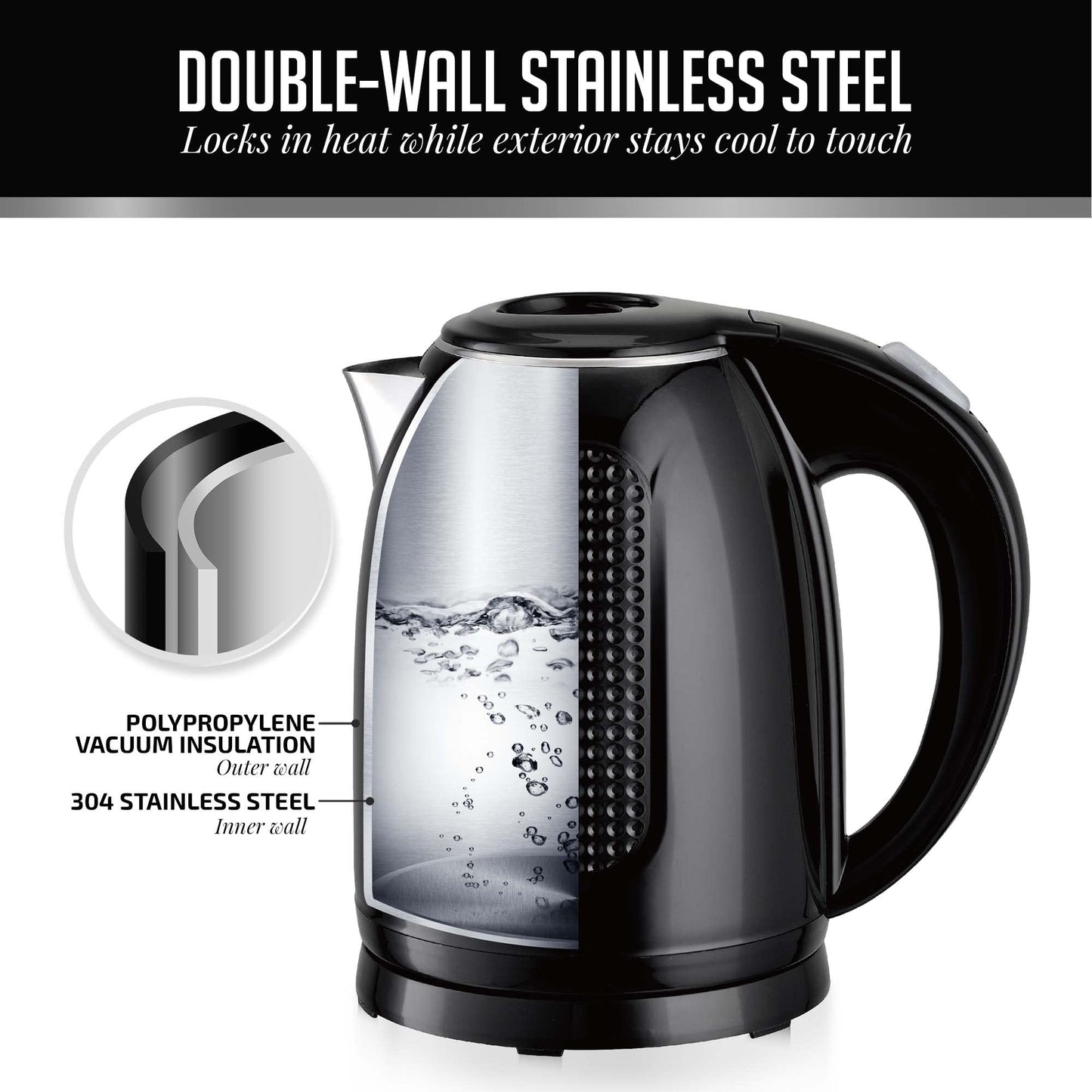 OVENTE 1.7L Double Wall Electric Tea Kettle, 1100W Water Boiler and Heater with Cool-Touch Exterior, Stainless Steel Insulated Interior, Auto Shut-Off, Boil-Dry Protection & Locking Lid, Black KD64B