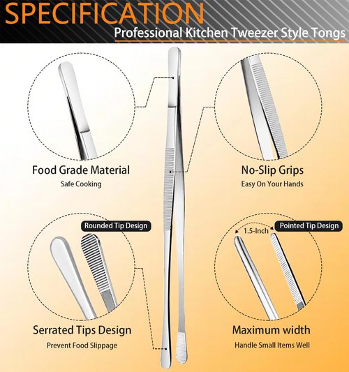 JETKONG 6 Pcs Cooking Tweezer Tongs, 12'' and 6.3" Stainless Steel Kitchen Tweezer Set, Professional Chef Tweezers for Cooking, Repairing, Sea Food, BBQ, Multi-use