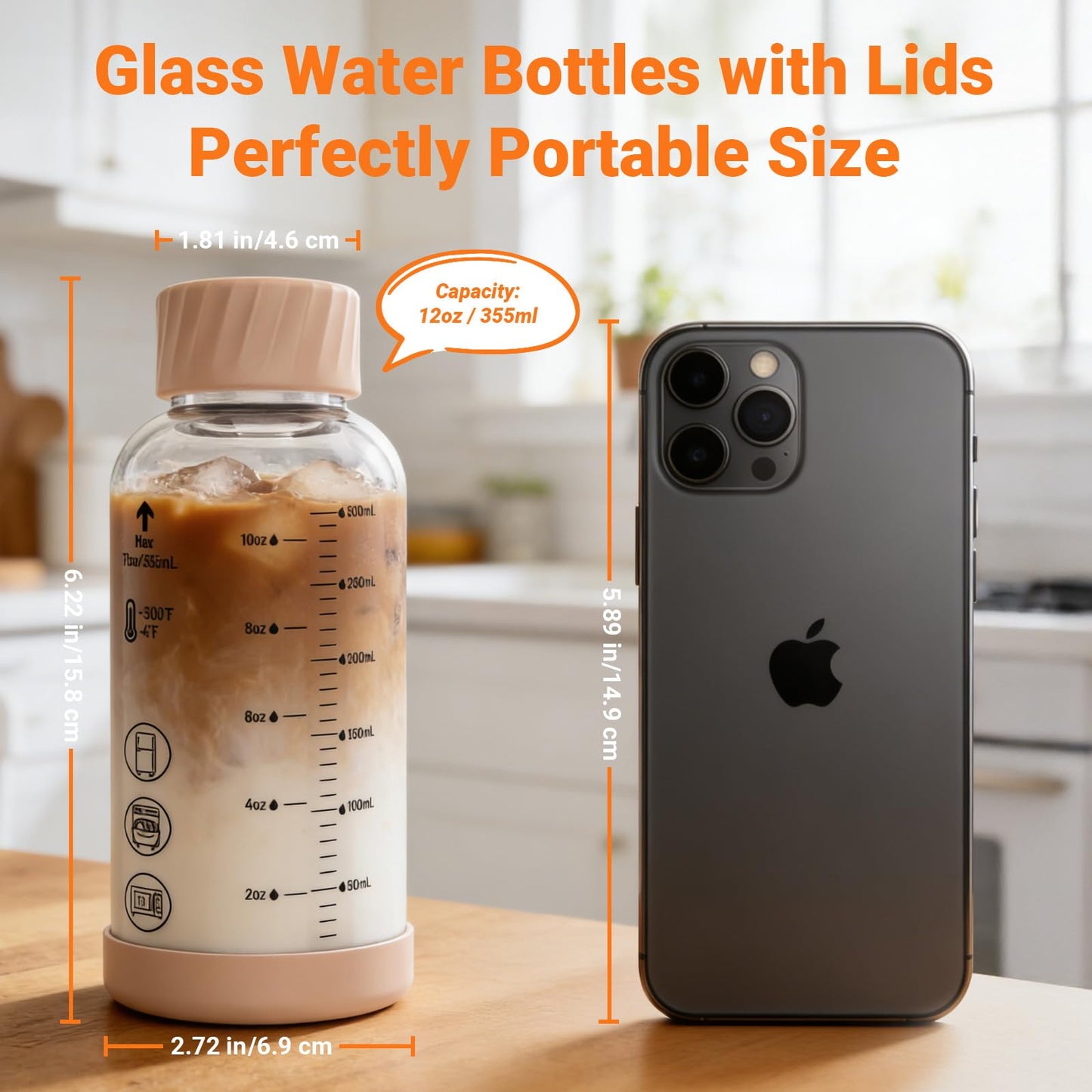 Luxfuel Glass Juice Bottles with Lids 12oz, 6 Pack – Borosilicate Glass Bottles for Juicing, Smoothies, Water & Beverage Storage, Stainless Steel Lids, Reusable, Leakproof, Heat-Resistant, BPA-Free