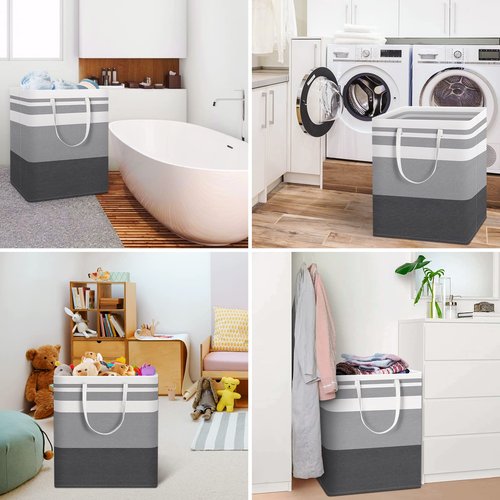 HomeHacks 2 Pack Large Laundry Baskets, Waterproof, Freestanding Laundry Hampers, Collapsible Clothes Hamper with Reinforced Handles in Laundry, College Dorm, Bathroom, Bedroom (Grey+Blue, 100Lx2)