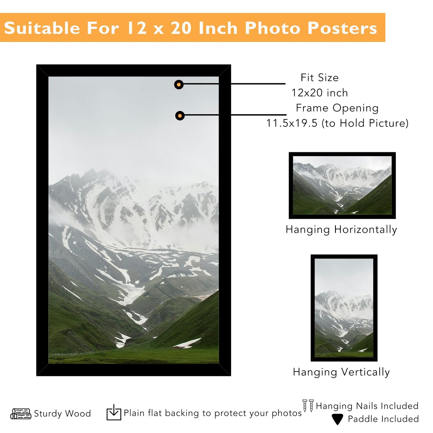 QOTIB 12x20 Picture Frame Black for Wall Mounting Set of 6, Horizontal and Vertical Formats for Wall Hanging, Wood 12x20 Frame, Black, 6 Pack