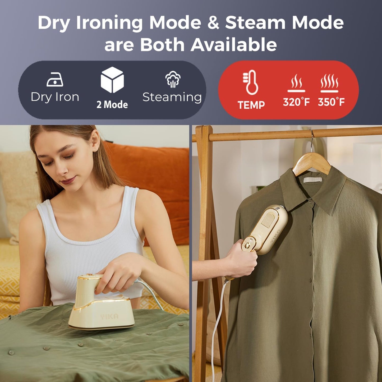 YIKA Handheld Clothes Steamer - 2-in-1 Garment Steam Iron with 25s Heat Up & Ceramic Soleplate | Wrinkle Remover for All Fabrics