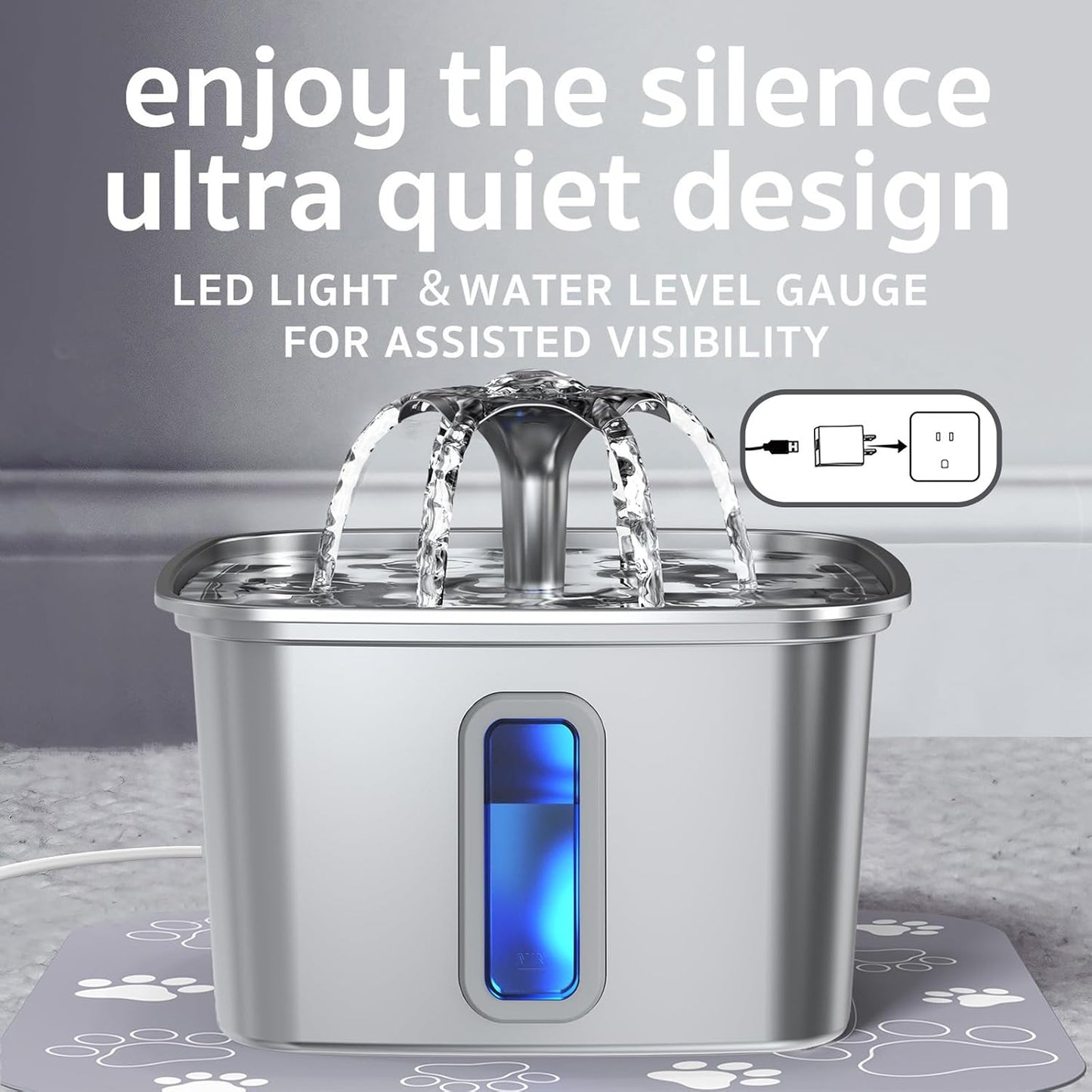 Veken Stainless Steel Cat Water Fountain - 108oz Automatic Pet Dispenser with 3 Filters & Mat | Silver
