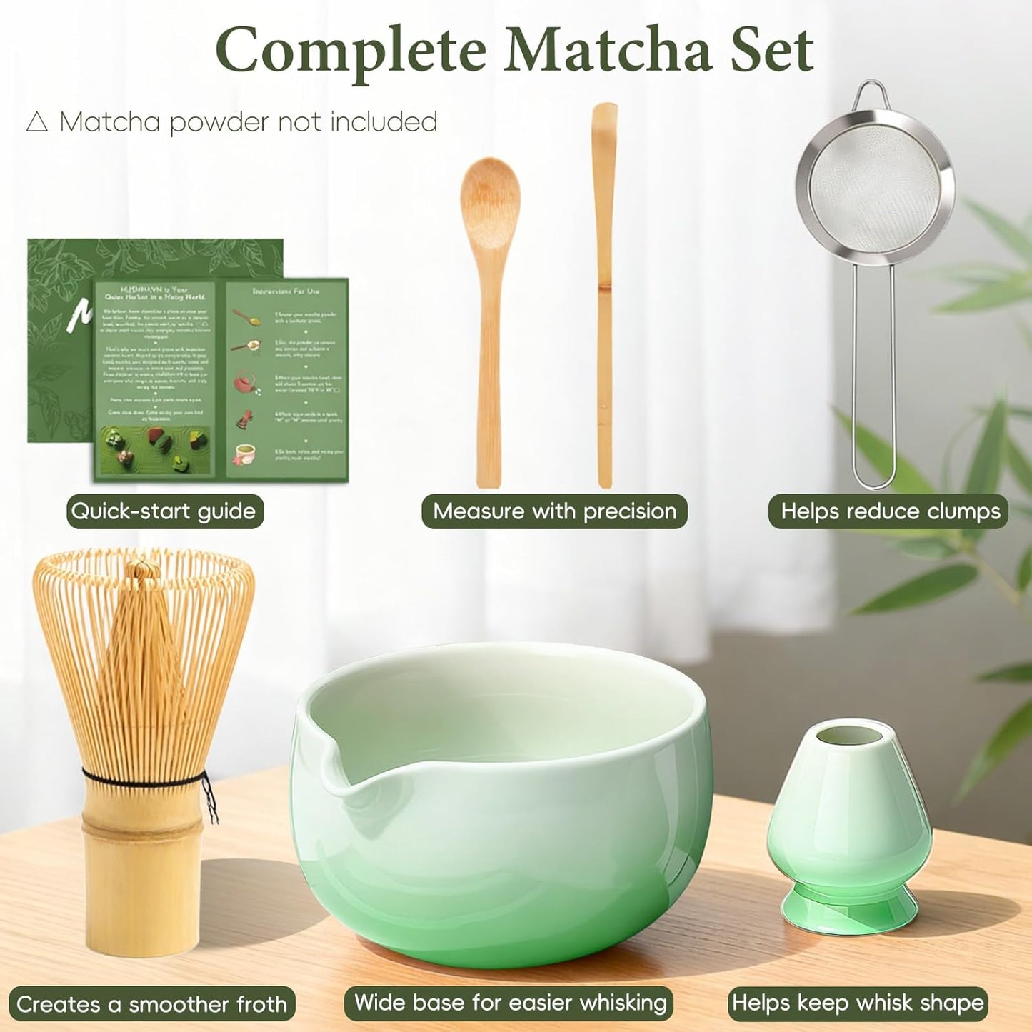 Skiennix Matcha Whisk Set - Complete 6PCS Ceramic Kit with Bamboo Whisk, Bowl, and Sifter | Green