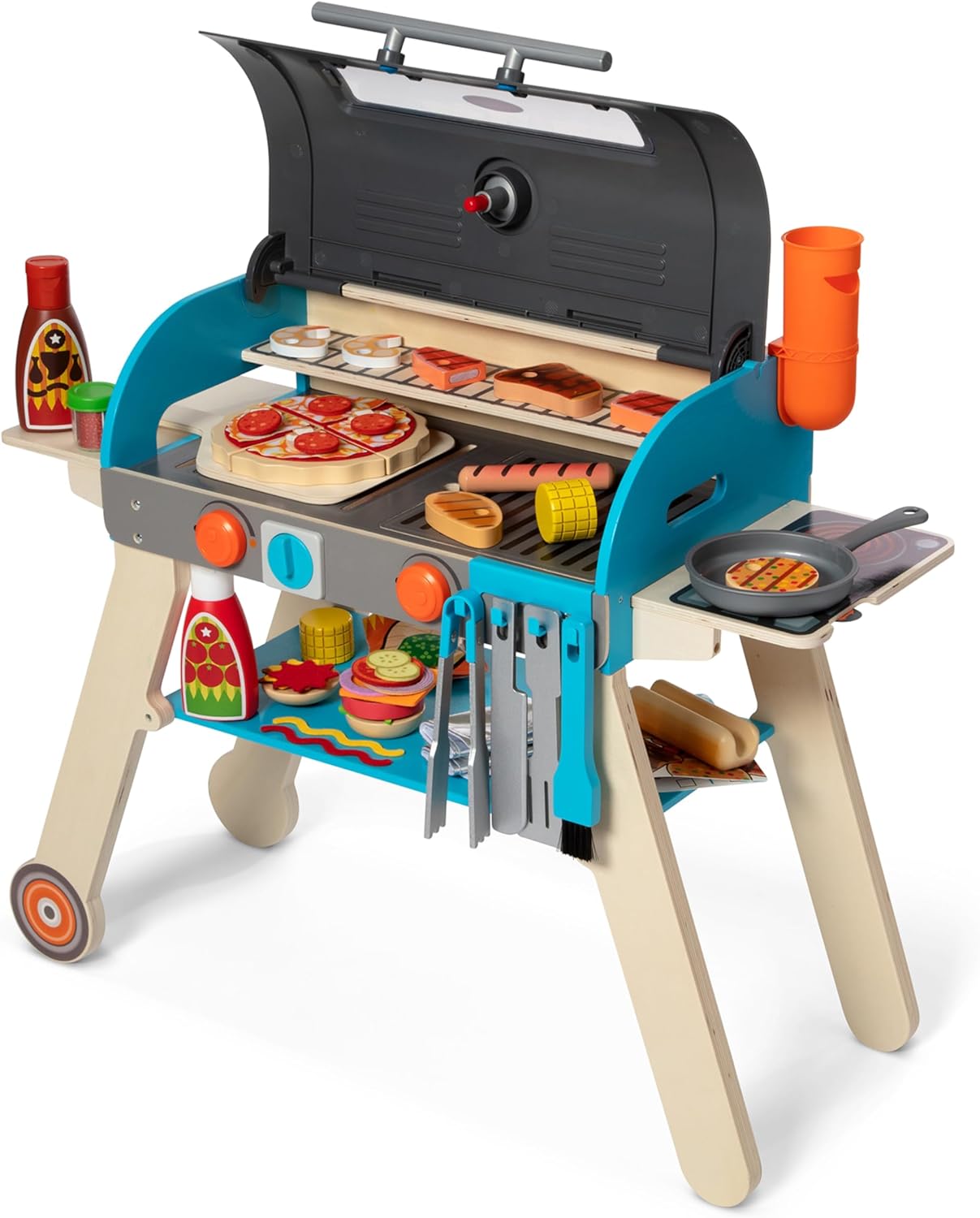Melissa & Doug Deluxe Wooden Barbecue Grill & Smoker | Kids Play Kitchen Set with Pizza Oven & Toy Food - FSC Certified for Ages 3+