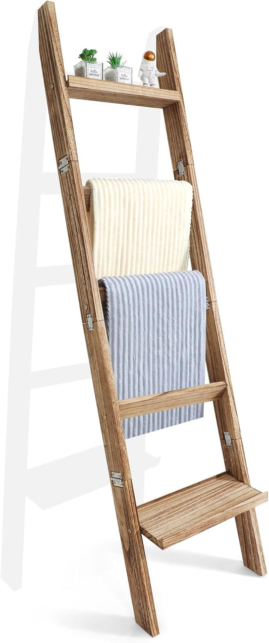 67" Wooden Blanket Ladders for The Living Room,5-Tier Ladder Shelf, Ladder Rack for Storage and Decor (Black)