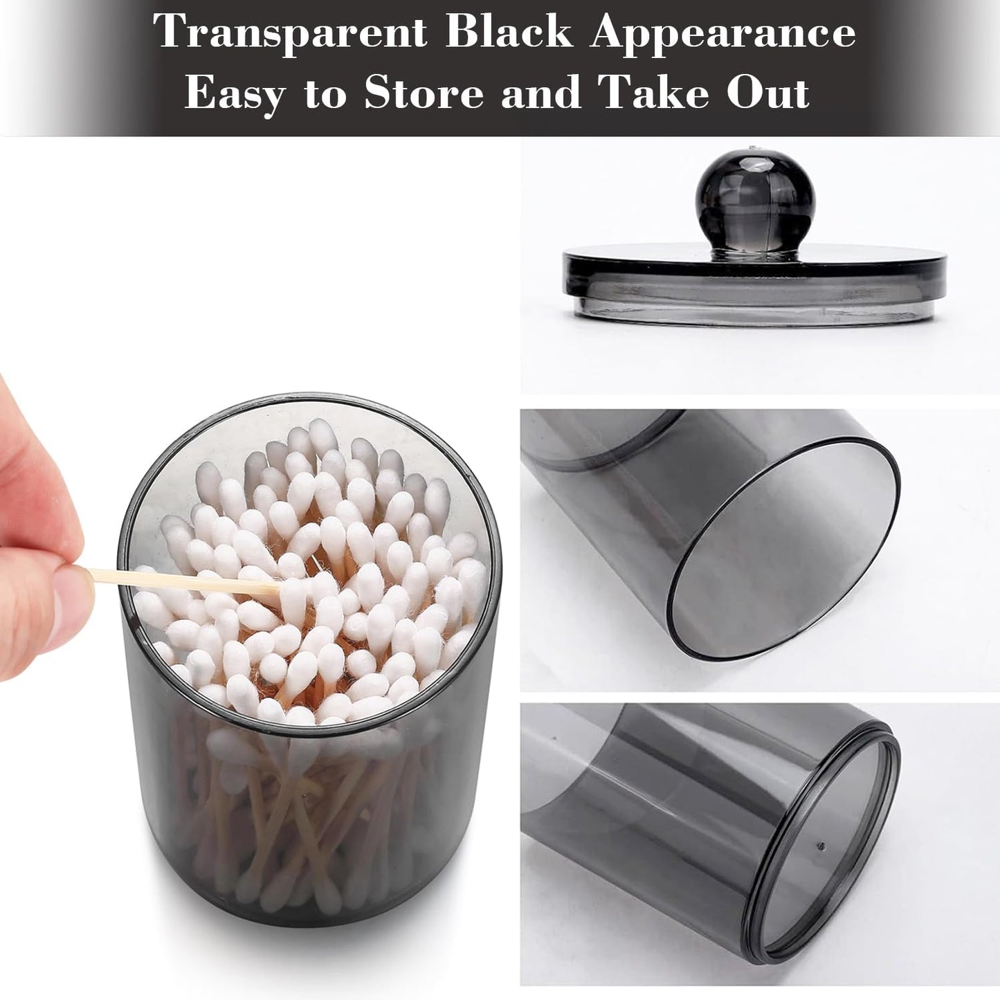 Regine Switzerland Cotton Buds Dispenser - Clear Black Round Holder | 10 oz Apothecary Jar Set for Storage