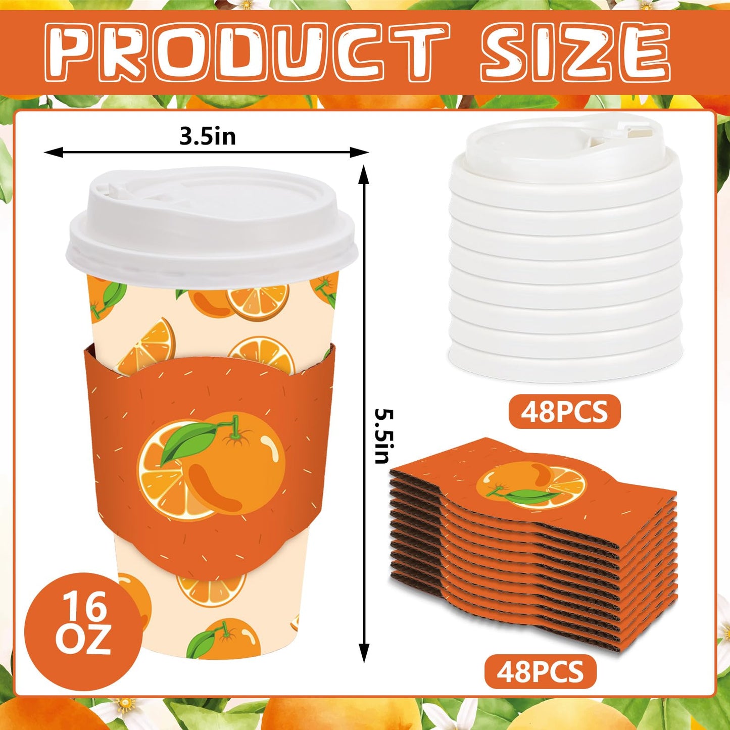 JarThenaAMCS 48 Set Little Cutie Disposable Coffee Cups with Lids and Sleeves Orange Paper Cups Cute Drinking Cup for Baby Shower Birthday Party Supplies