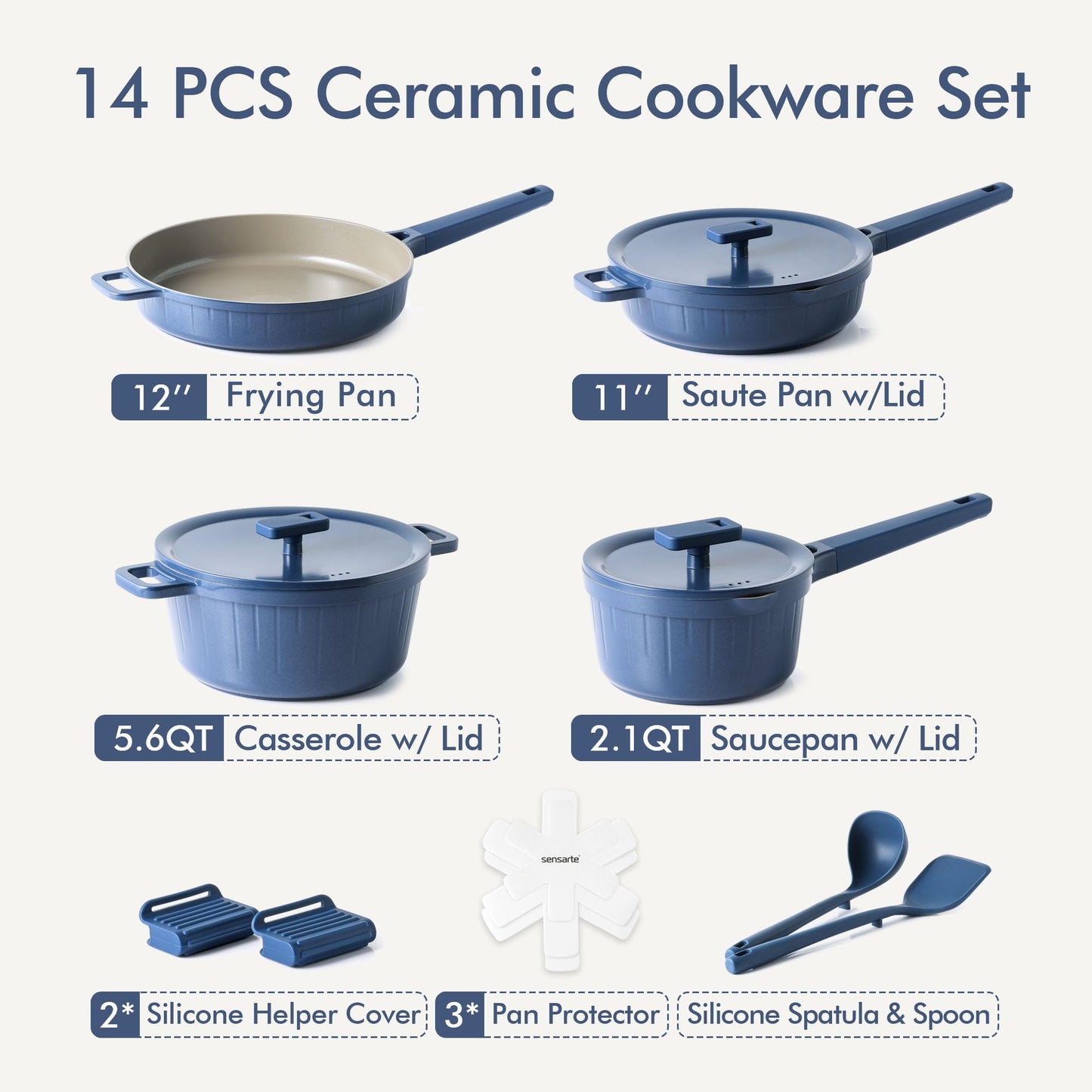 SENSARTE Ceramic Cookware Set Non-toxic 14 Pcs, Nonstick Pots and Pans Set, Dishwasher Safe Induction Cookware, Healthy Kitchen Cooking Set w/Die-cast Lids, PFOA/PFAS/PTFE Free