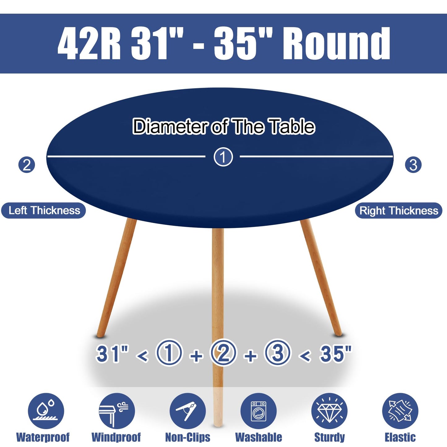 Moosfor Round Spandex Tablecloth, Elastic Fitted Waterproof Tablecloths for 31"-35" Tables, Stretch Washable Picnic Table Cover for Camping, Dining, Indoor and Outdoor, Navy