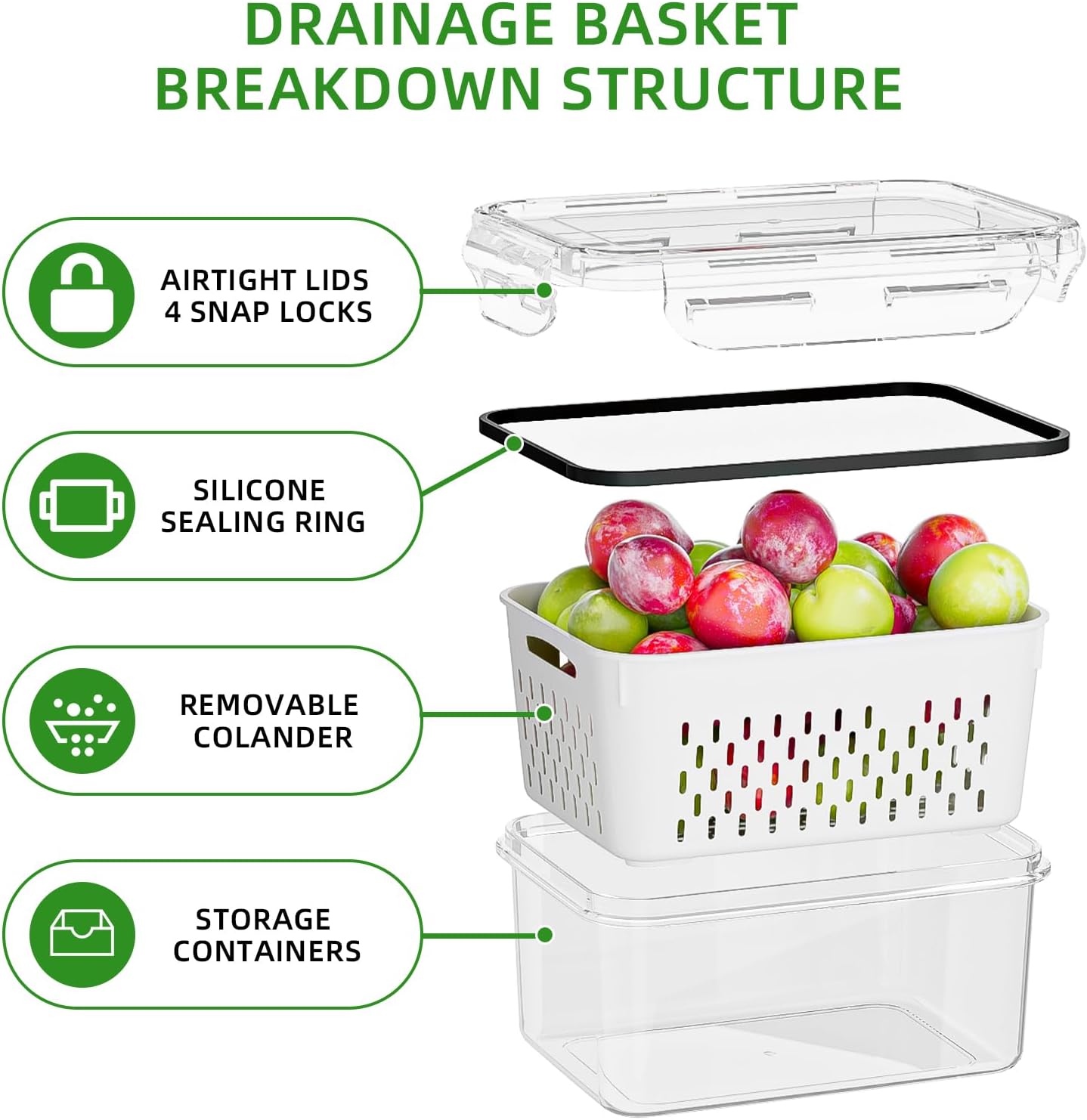 KEMETHY Fruit Storage Containers - 5 Pack BPA-Free with Removable Colanders | Keep Produce Fresh Longer