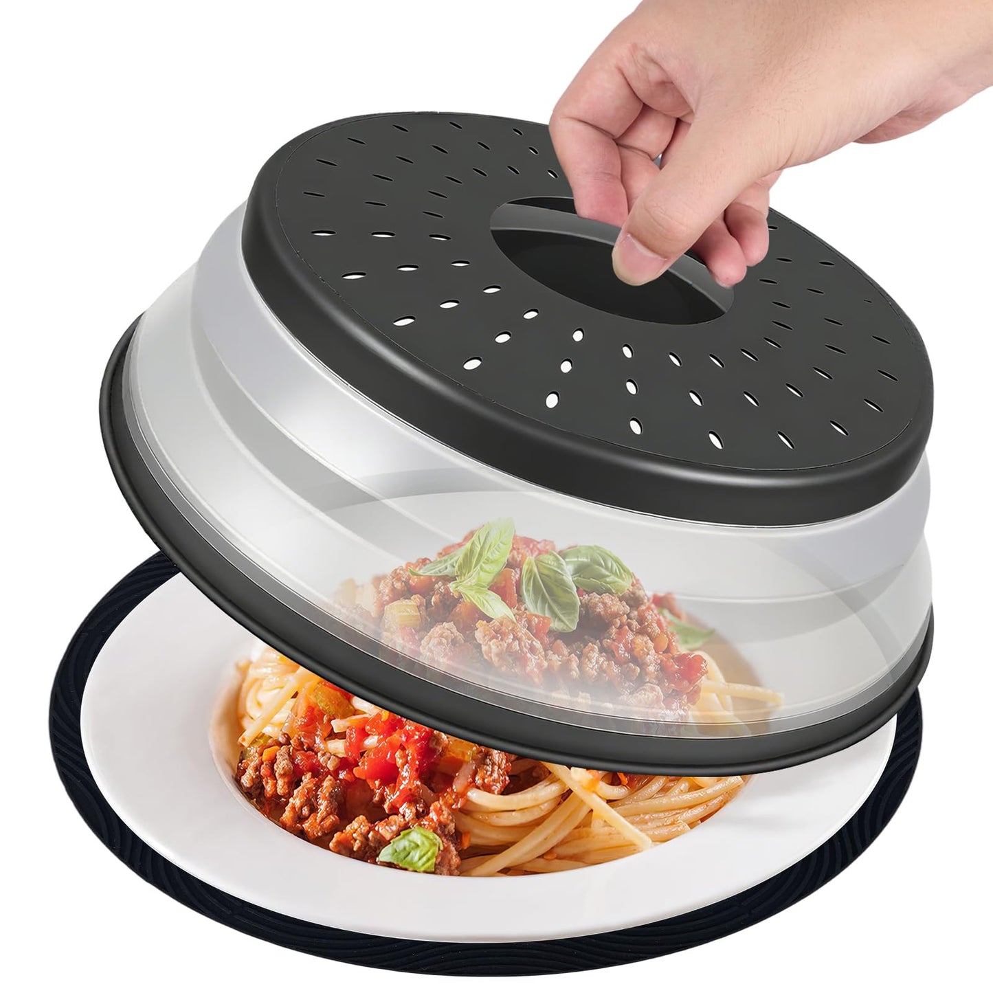 WENWELL 12 Inchs Microwave Splatter Cover & Silicone Mat, Large Vented Collapsible Guard dish Plate lid & Round Kitchen mat for food