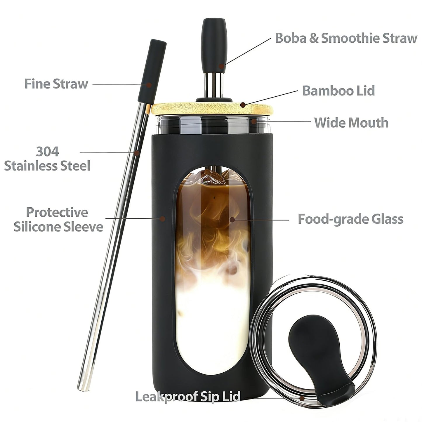 Sursip 20 oz Glass Tumbler with Lids and Straws, Reusable Borosilicate Glass Iced Coffee Cup with Bamboo Lid for Smoothie Boba Juice,Travel BPA-Free - Pink