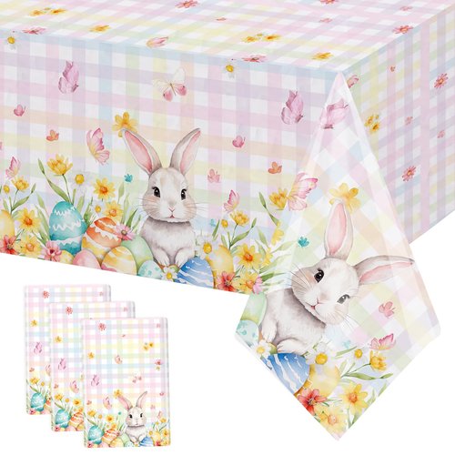 3 Pcs Easter Plastic Tablecloths, 108x54 inch Large Happy Easter Buuny Disposable Table Covers, Spring Flowers Rabbit Coloful Eggs Check Birthday Baby Shower Party Table Decorations Photo Booth Props