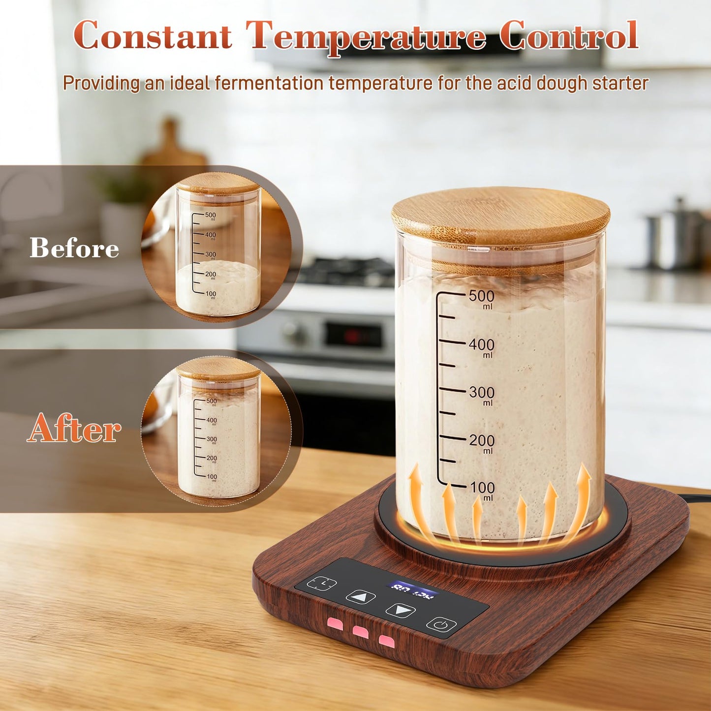 Sourdough Starter Warmer -24H Timer, Precise 1°F Thermostat Control (70-100°F) Smart Memory Warming On/Off,Sourdough Warming Mat for Home Baking（Wood Grain）