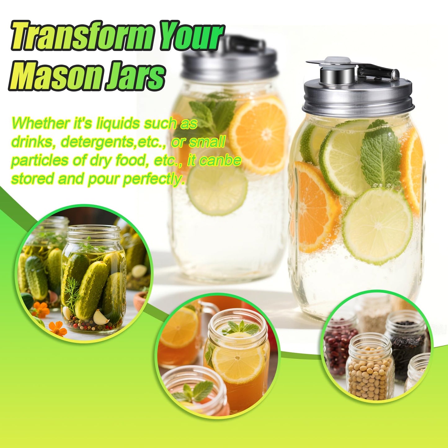 Mason Jar Pour Spout Lid Stainless Steel, Regular Mouth Pour Spout Flip Cap Lids for Mason Jars, Anticracking Leak Proof Seal Cover Airtight for Drinking Salad Dressing & Food Storing(4PCS)