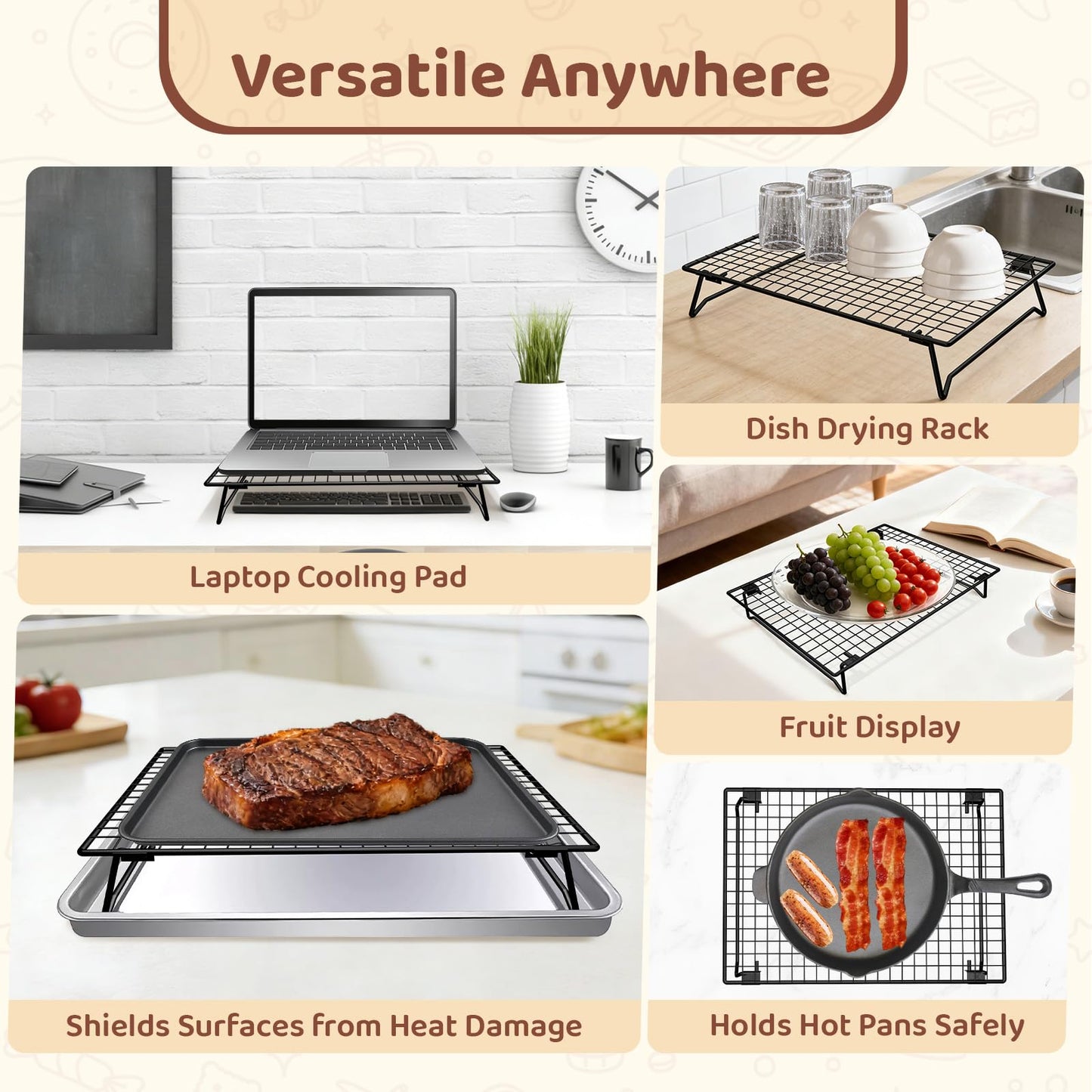 Vehookin 3 Tier Stackable Cooling Rack for Cooking and Baking, Wire Rack for Baking Sheet w/50 Parchment Papers, 13.4" x 9" Cookie Cooling Rack for Pizza, Bread, Cake,Veggie,Jerky, Drying Baking Rack