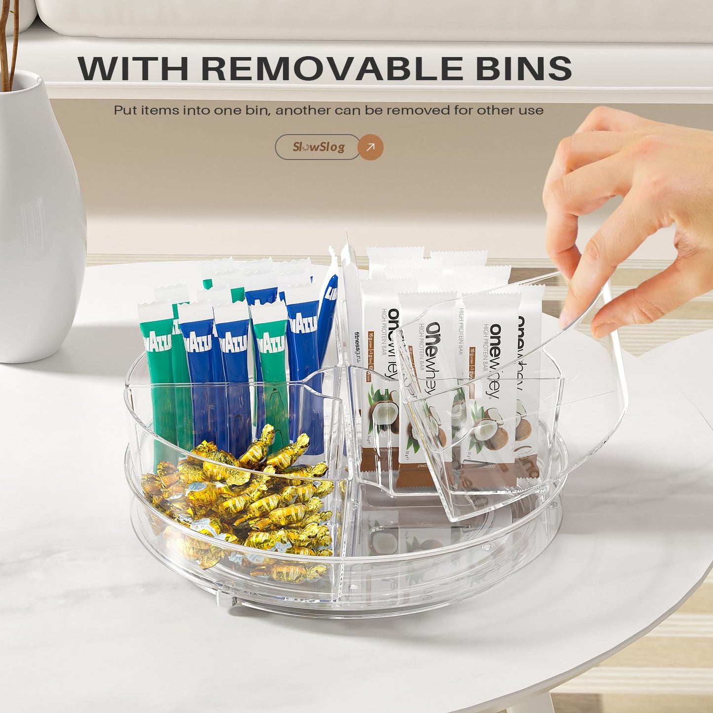 Slow Slog 2 Pack Lazy Susan Organizer, 9 inch Rotating Storage Organizer with 4 Removable Bins, Lazy Susan Turntable Organizer for Fridge, Kitchen, Vanity, Cabinet