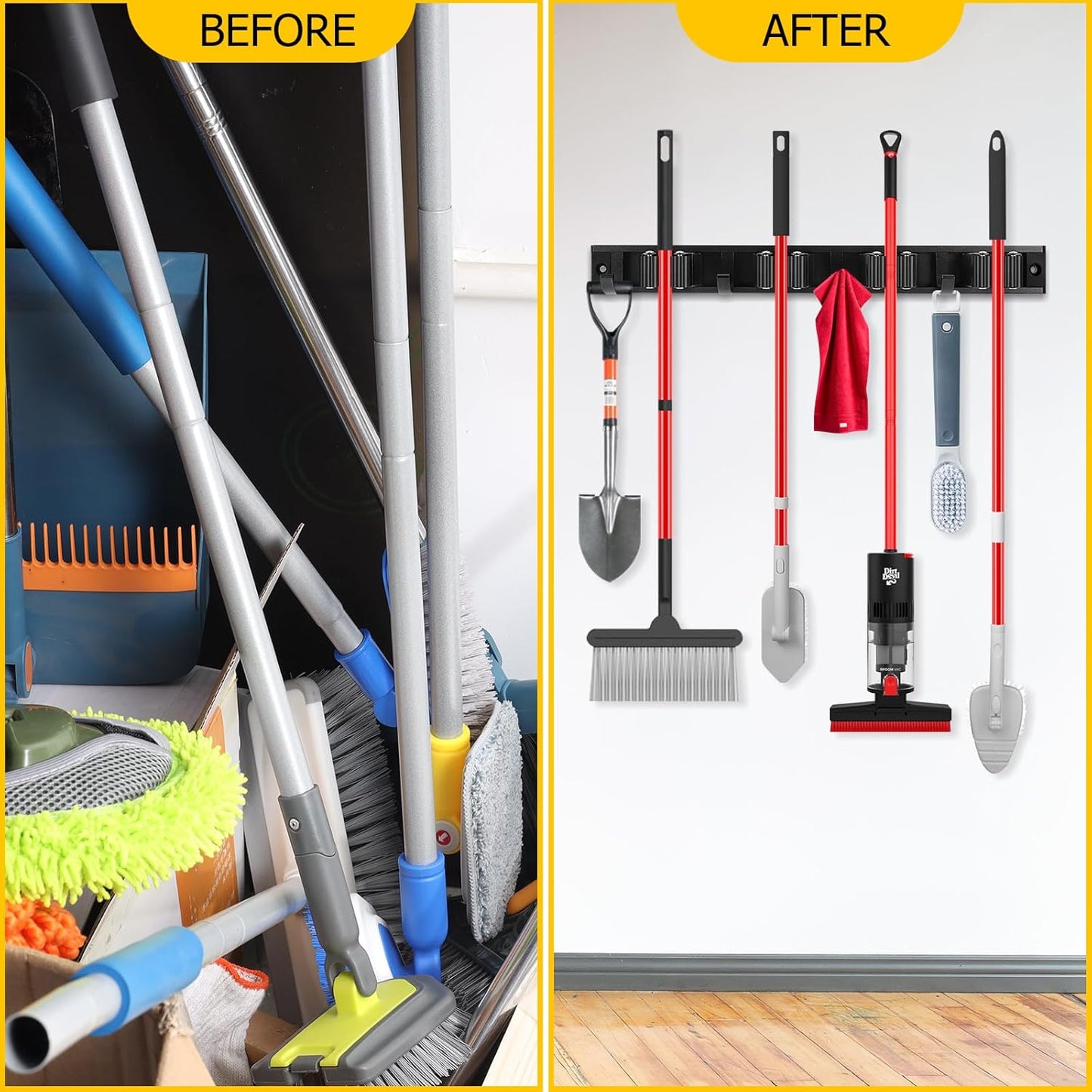 SLIIMU 30'' Movable Broom and Mop Holder - Wall Mount Organizer with 7 Racks & 8 Hooks for Home