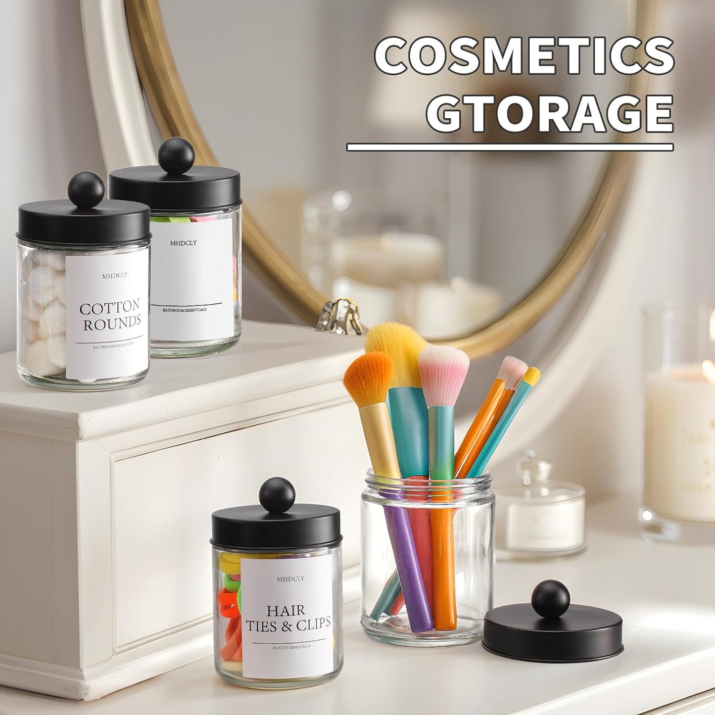 Skiennix Bathroom Organizers - 4 Pack Stylish Storage Accessories for Home Decor | Black Lids