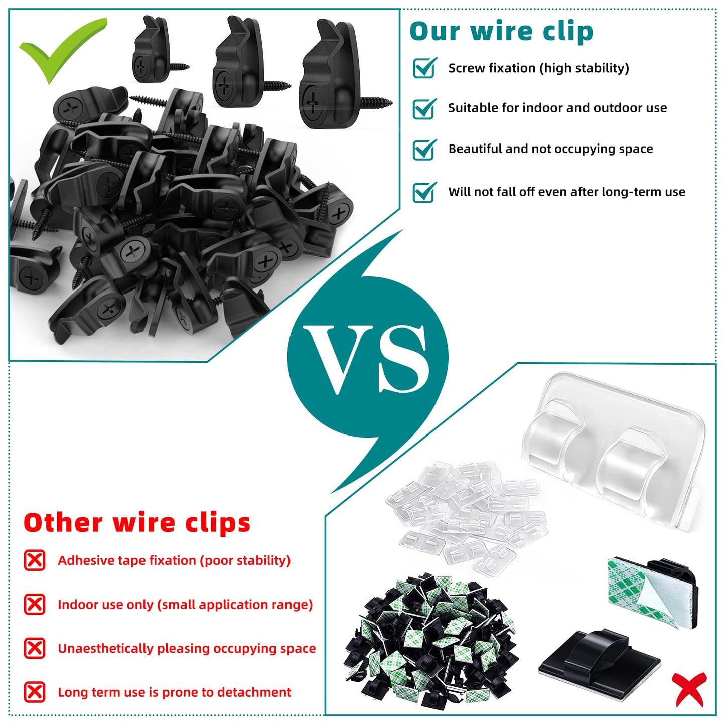 Outdoor String Lights Clips, Weatherproof Cable Hanger Hooks for Hanging Fairy Lights, Holiday Decor - Black, 50 Pack