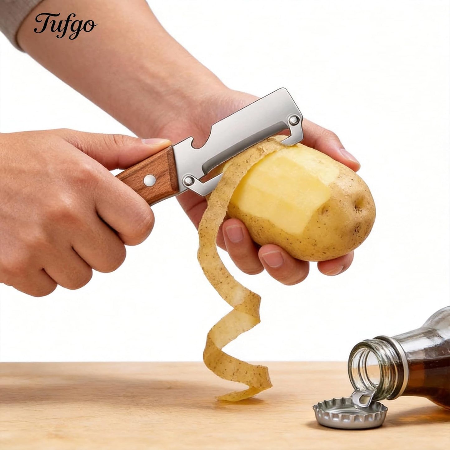 Skiennix 2-in-1 Vegetable Peeler - Multi-Functional Kitchen Tool with Wooden Handle & Stainless Steel Blade - Ideal for Potatoes, Fruits, and More