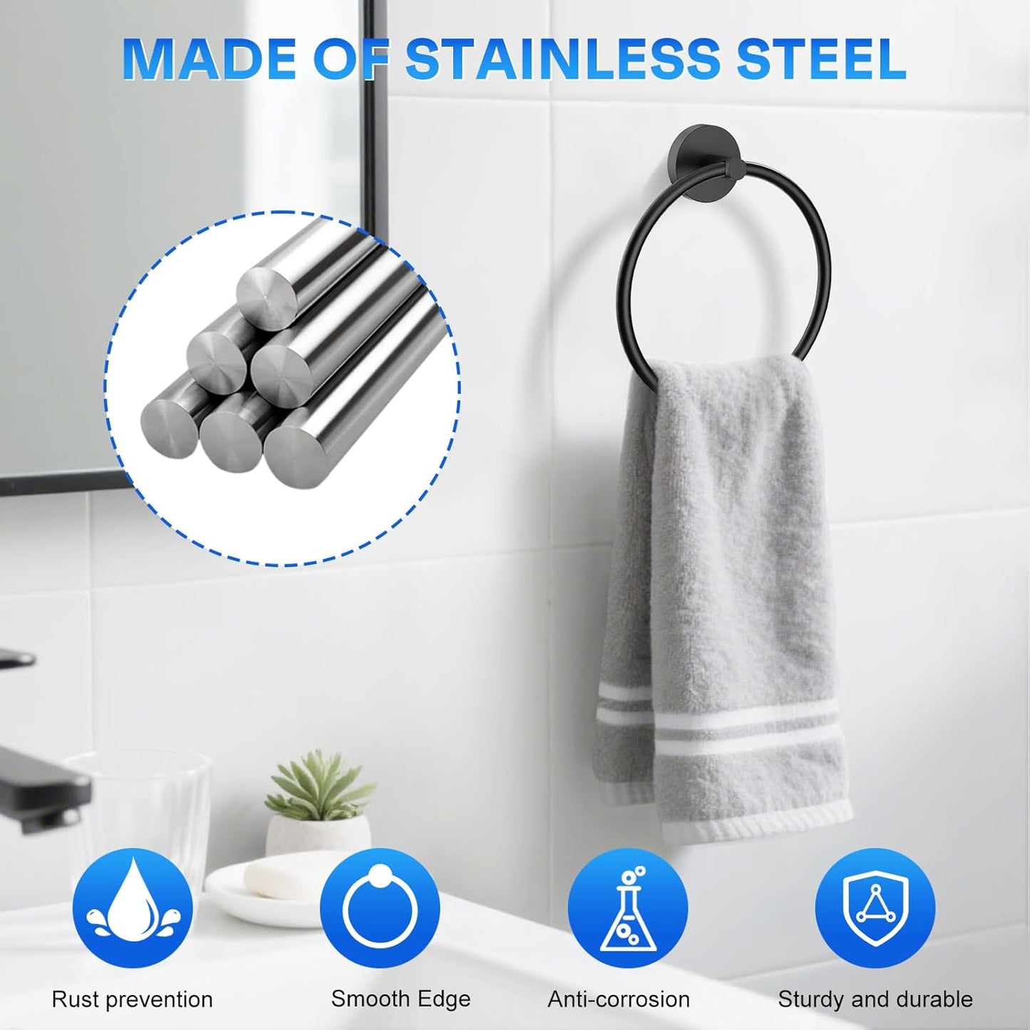 Skiennix Hand Towel Holder - Matte Black Stainless Steel Towel Ring for Bathroom Wall | Round Design
