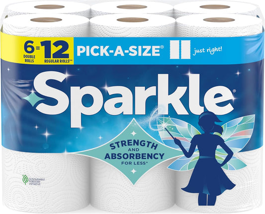 Sparkle Paper Towels - Strong 2-Ply Pick-A-Size Rolls | 6 Double Rolls (660 Sheets) for Kitchen Cleanup