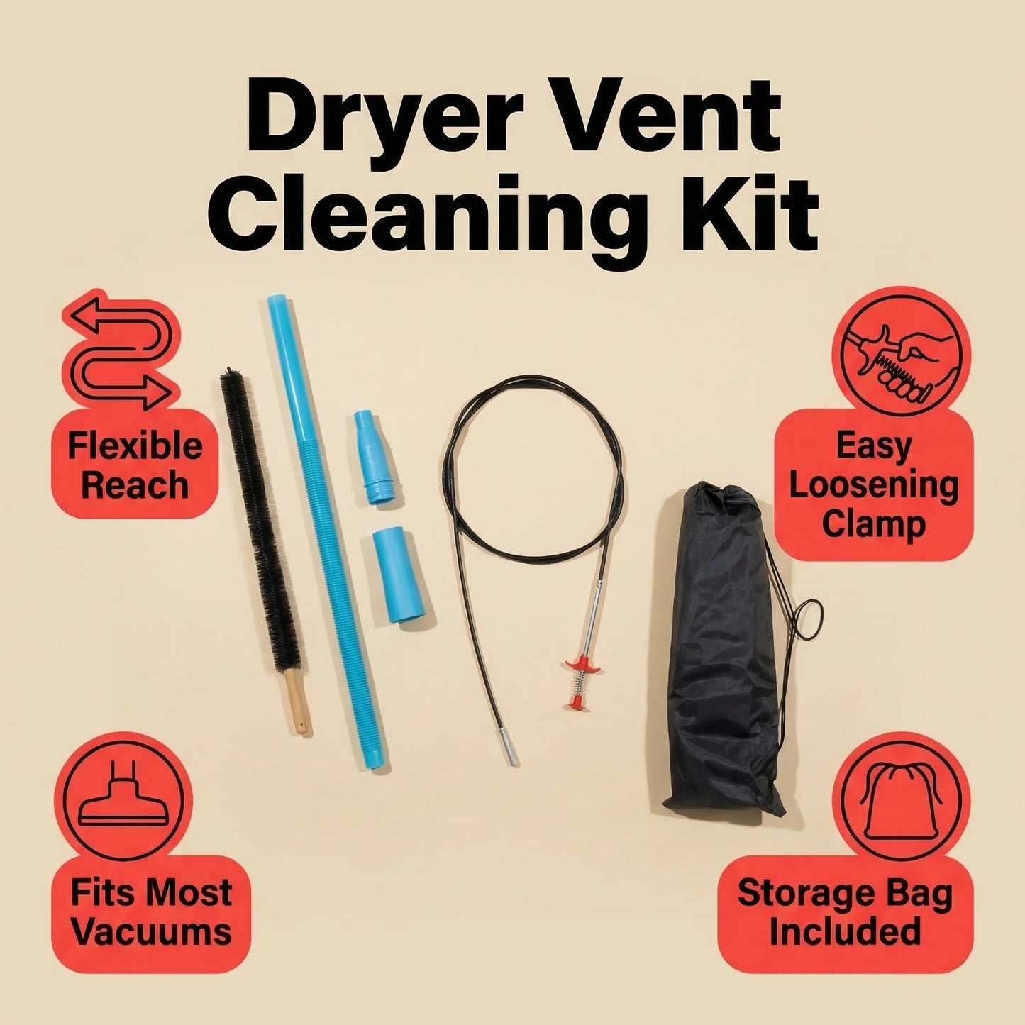 XHYdamile 3Pcs Dryer Vent Cleaner Kit, Dryer Lint Vacuum Attachment and Flexible Dryer Lint Brush, Dryer Vent Vacuum Hose Attachment, with Unclogging Clip & Storage Bag