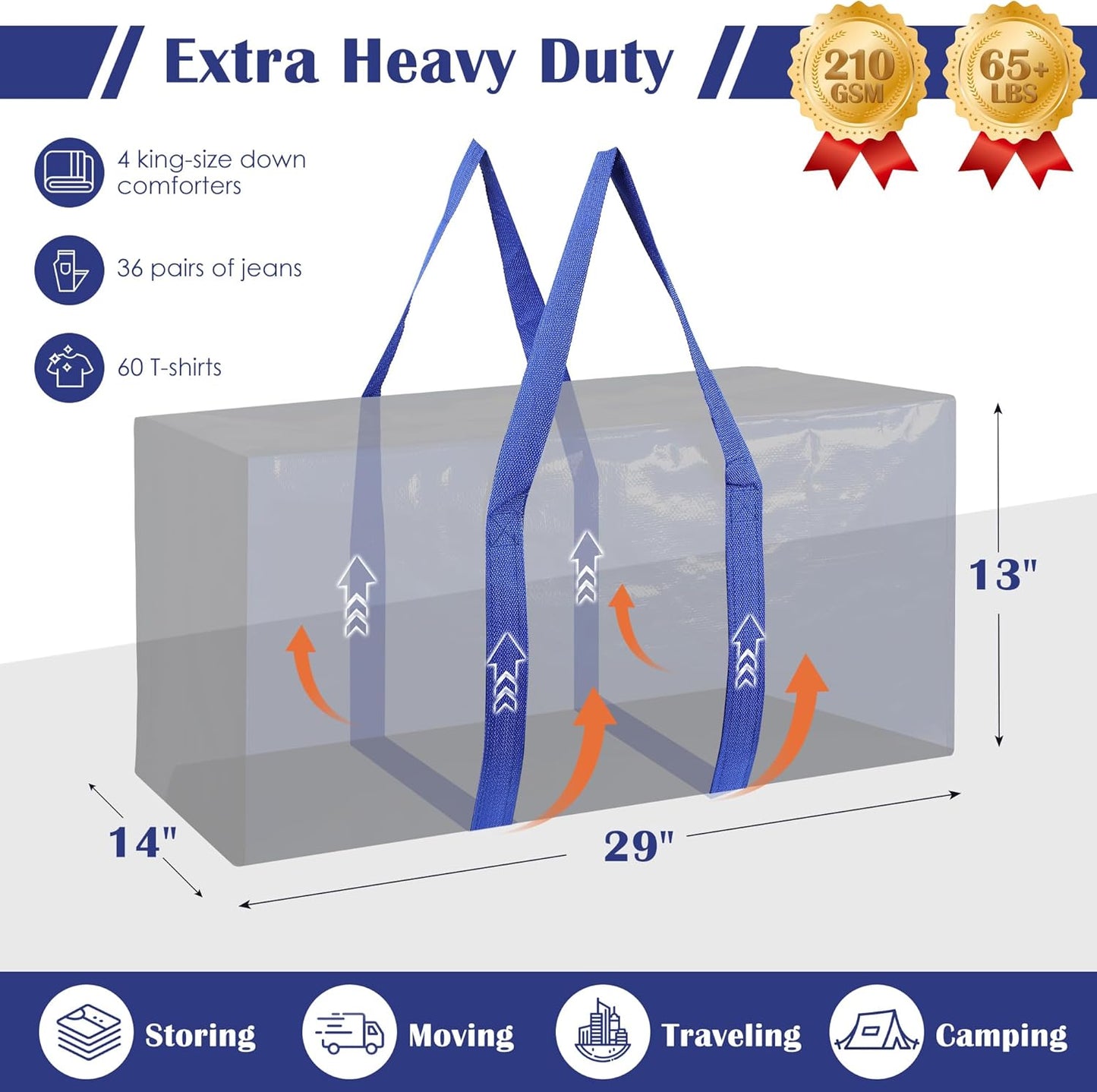 Skiennix Extra Large Moving Bags - 93L Heavy Duty Waterproof Storage Totes | 6 Pack for Home Organization & College Dorms - Blue