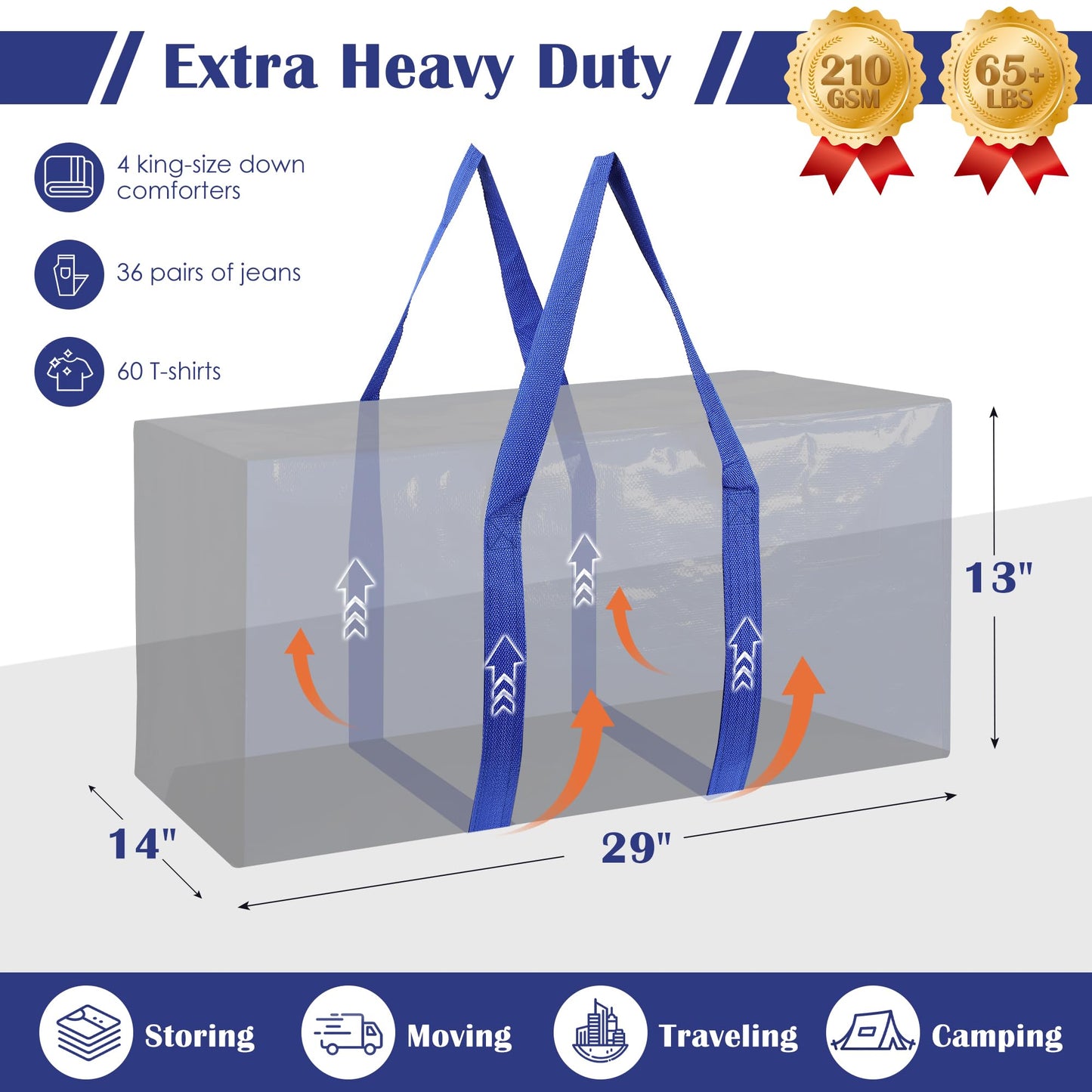 RMOHRO 12 Pack Moving Bags with Full-Open Side Zipper, Extra Large 93L Heavy Duty Waterproof Foldable Storage Totes for College Dorm, Moving & Home Organization Blue