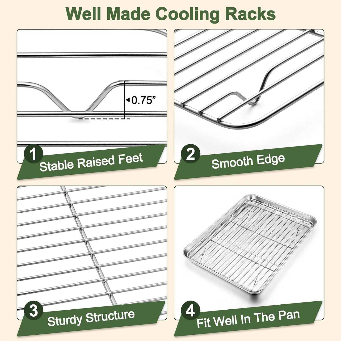 TeamFar Baking Sheet Set - 3 Stainless Steel Cookie Sheets with Racks | Non-Toxic, Heavy Duty, Dishwasher Safe, 16/12.5/10.5 Inch