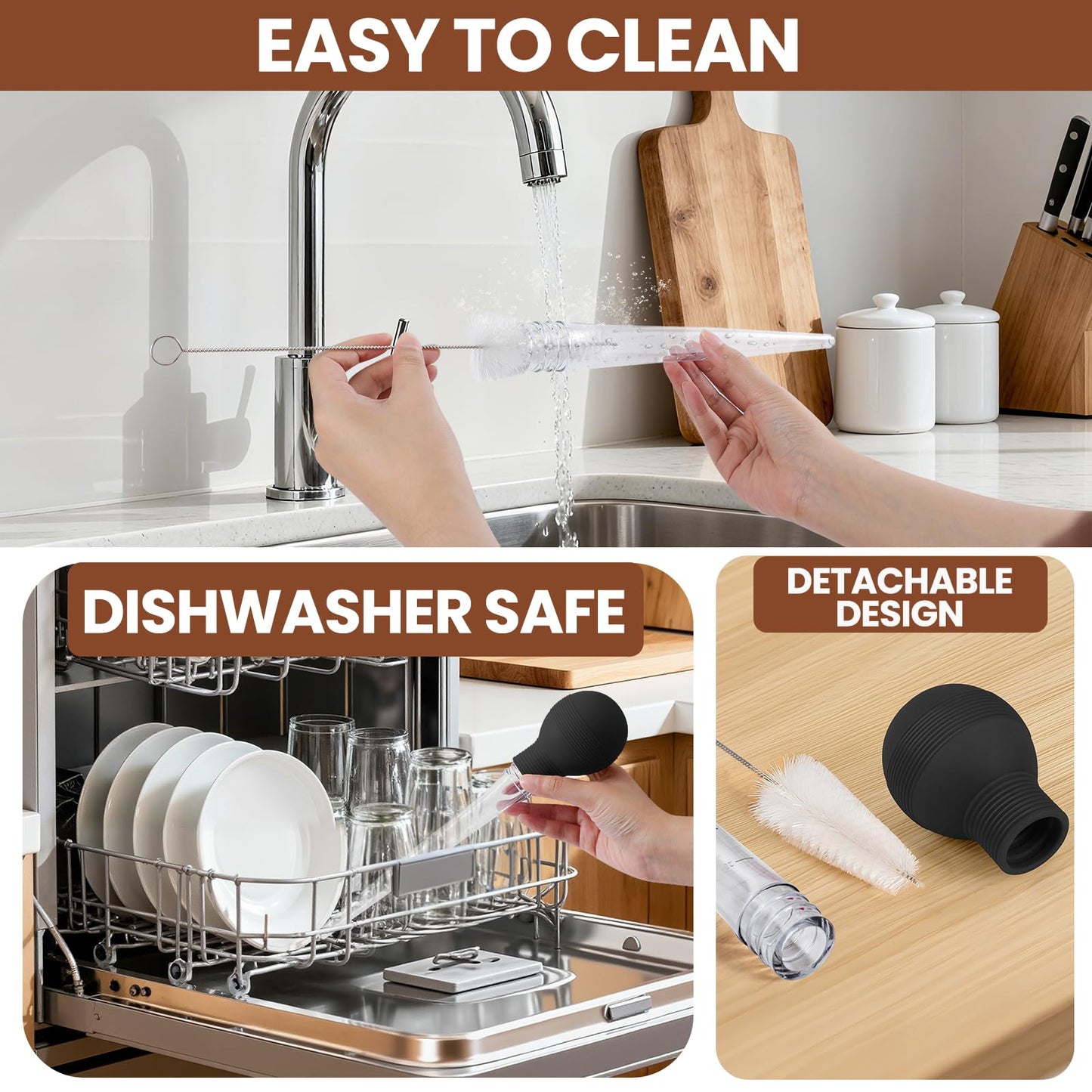 BAUSAR Large Turkey Baster for Cooking - Premium Baster Syringe for Hot Liquids - Heat-Resistant Silicone Bulb, Easy-Grip Design with Cleaning Brush - Dishwasher Safe - Baste Food with Ease - Black