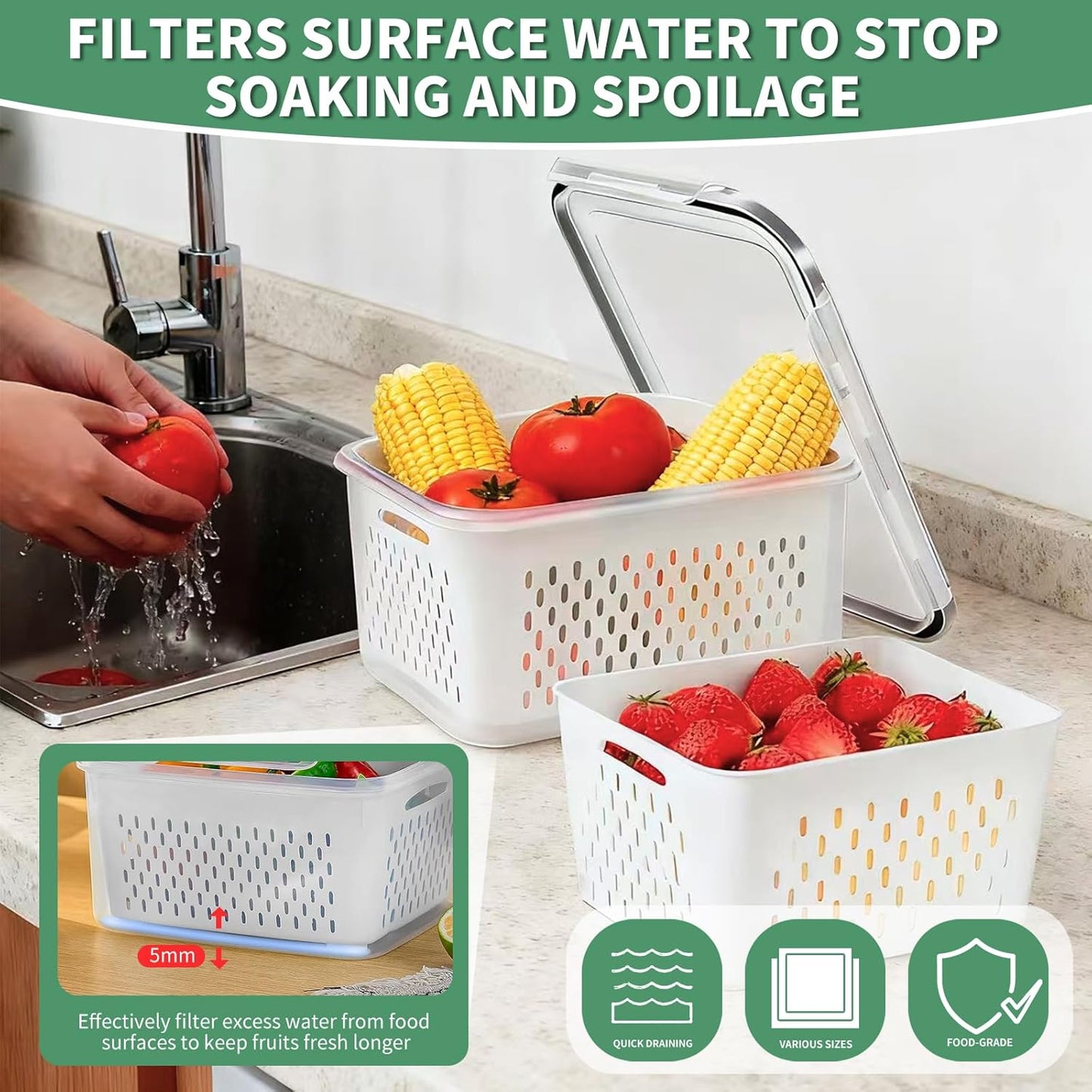 Skiennix Fruit Storage Containers - 3 Pcs Airtight Fridge Containers with Removable Colander Basket