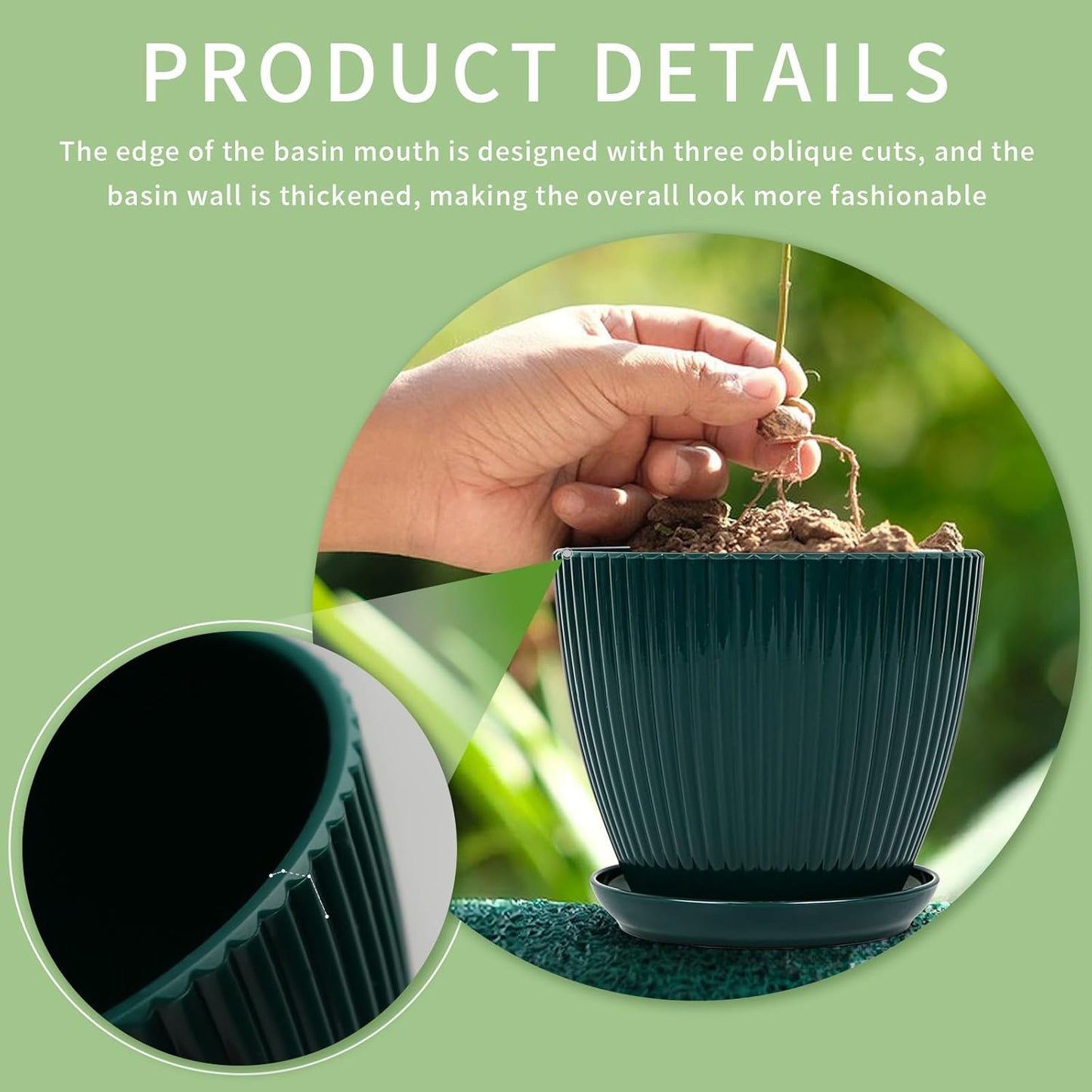 Skiennix Indoor Plant Pots - 6 Pack Plastic Planters with Saucers & Drainage - Dark Green, Various Sizes (3.5"-7.5")