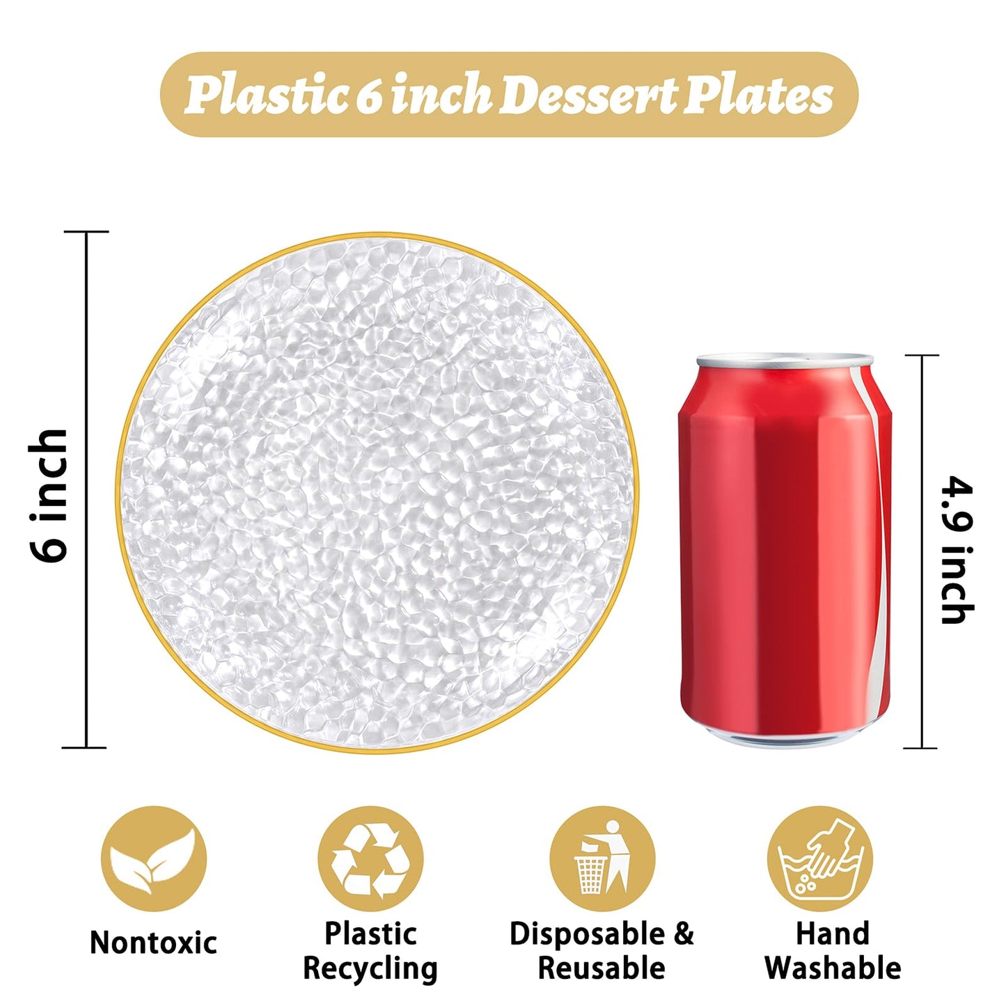 Rubtlamp 100 Pack Clear Gold Plastic Dessert Plates, 6Inch Clear Gold Small Appetizer Plates With Hammered, Heavy Duty Disposable Salad Plate, Elegant Cake Platos for Wedding, Birthday, Teatime