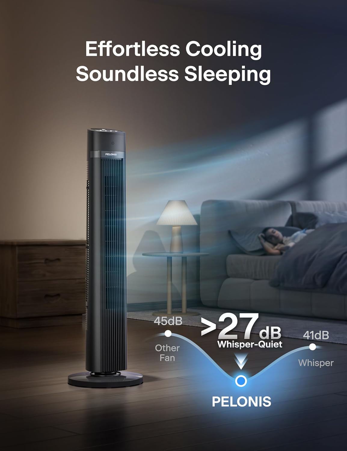 PELONIS Bladeless Tower Fan - 40 Inch Standing Fan with Remote, 90° Oscillation, 3 Speed Modes, Grey