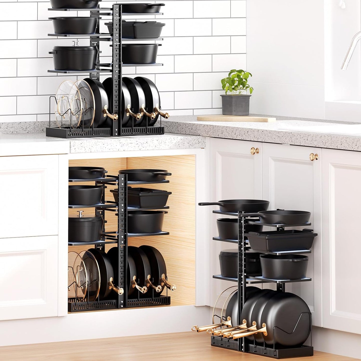 LAMU Pots and Pans Organizer - Expandable Under Cabinet Storage with 6 Adjustable Tiers | Holds 12 Cast Iron Cookware, Black
