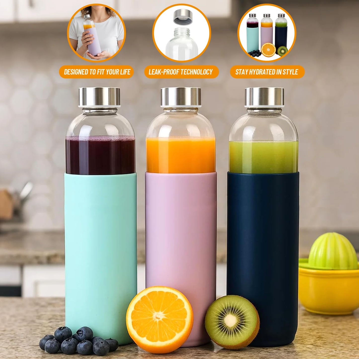 Luxfuel 32 oz Glass Juice Bottles with Lids and Silicone Sleeve, Reusable Refillable Water Bottles for Juicing, Refrigerator,100% Leak Proof, BPA Free, Clear Glass Set of 3