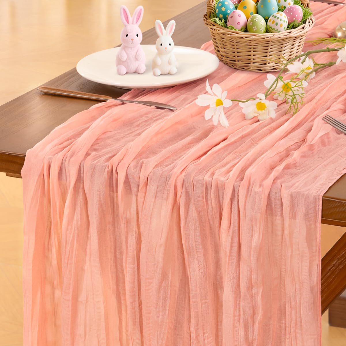 Socomi Coral Peach Summer Cheesecloth Table Runner Boho Rustic Gauze 120 inch 10FT Cheese Cloth Sheer Runner for Wedding Party Baby Shower Birthday Home Decor Holiday Decorations