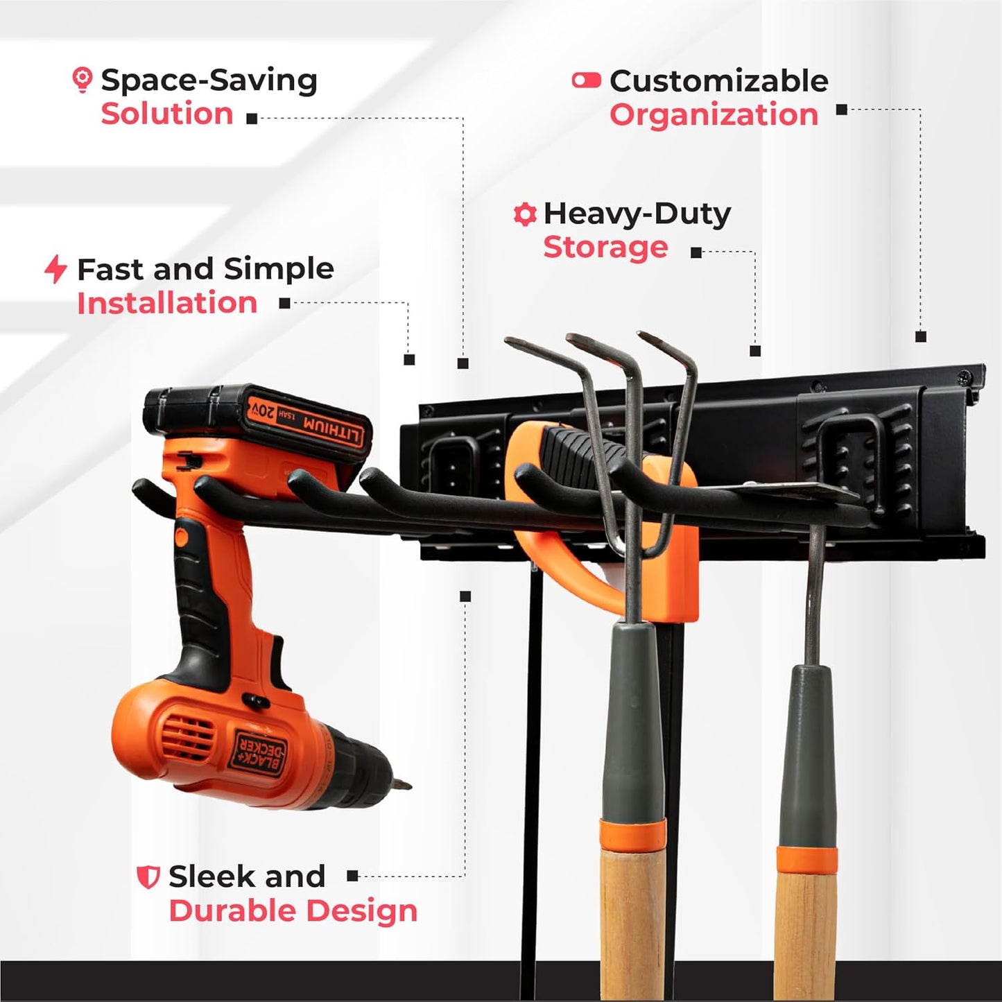 TIDYME Garage Tool Organizer - Sturdy Wall Mount Storage Rack with Adjustable Hooks | 64 Inches, 400lbs Capacity