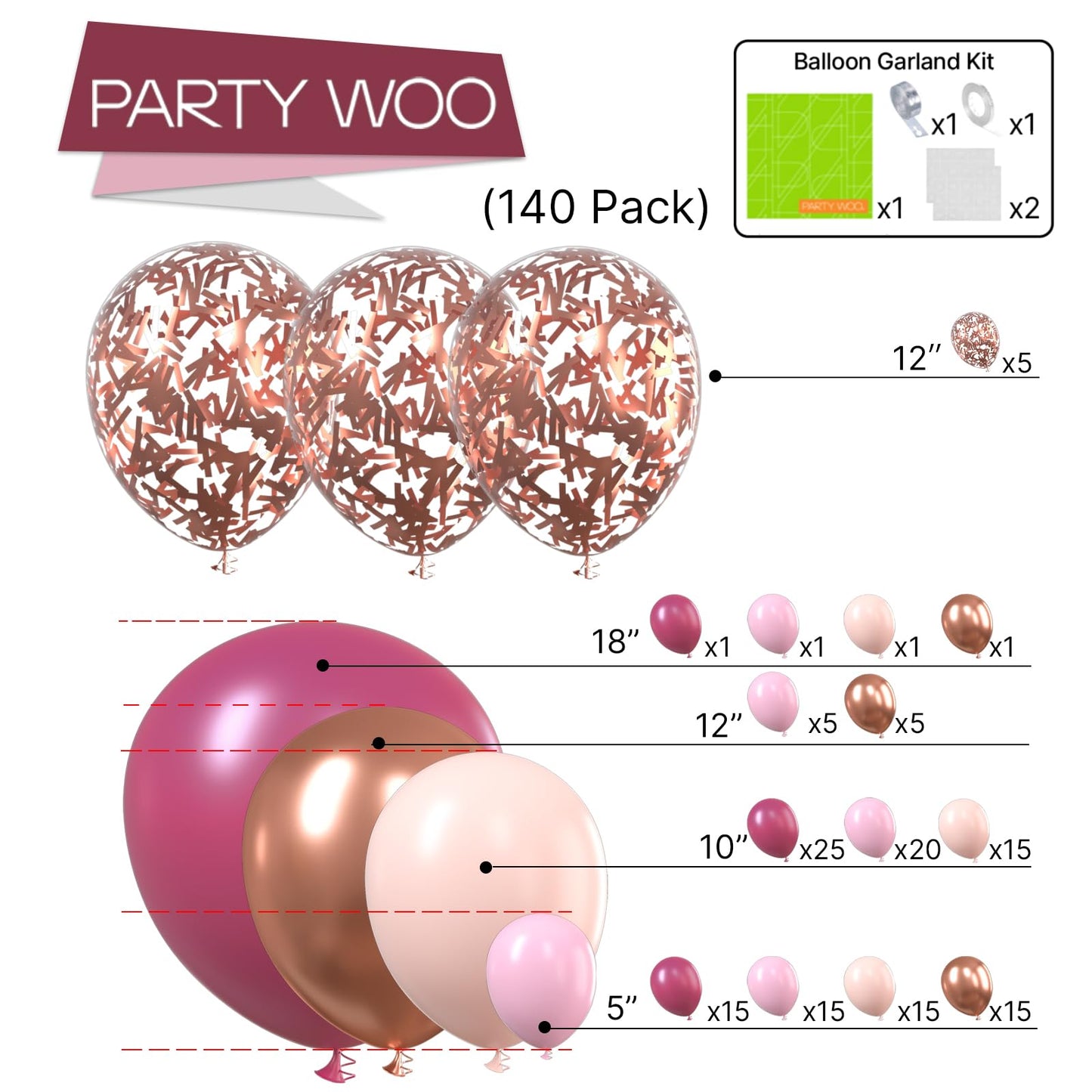 PartyWoo Dusty Rose Balloon Arch Kit, 140 pcs Pink Balloon Garland Kit, Rose Gold Balloons, Metallic Balloons for Dusty Pink Birthday Decorations Women, Bridal Shower, Wedding, Bachelorette Party