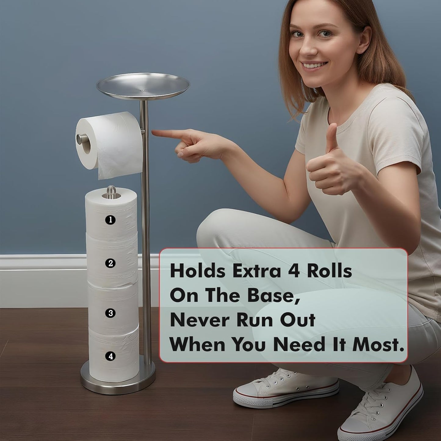 Skiennix Freestanding Toilet Paper Holder - Stylish Storage with Shelf for 4 Extra Rolls | Brushed Nickel