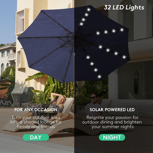 JEAREY 9FT Outdoor Patio Umbrella - LED Lighted with Solar Lights & Tilt Crank - Navy Blue