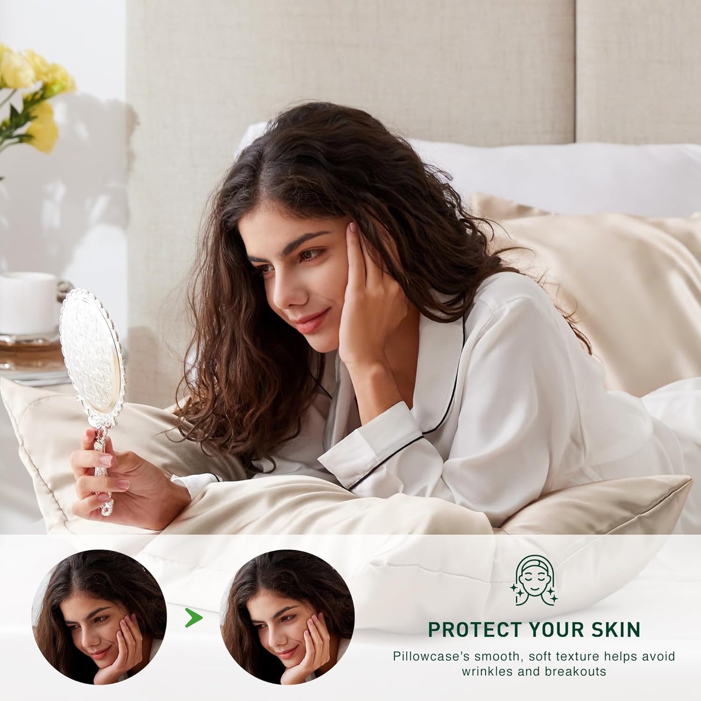Love's Cabin Satin Pillowcase Set - Cooling Standard Size 20x26 Pillow Covers for Hair & Skin - Silky Smooth Beige
