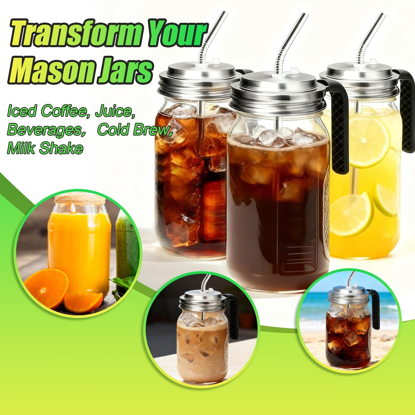 Palksky Mason Jar Lids with Straw Hole Wide Mouth, Stainless Steel Drinking Lid with Handle & Silicone Rings, Spill-Resistant Mason Jar Straw Lid for Iced Coffee, Juice, Lemonade (2 Packs)