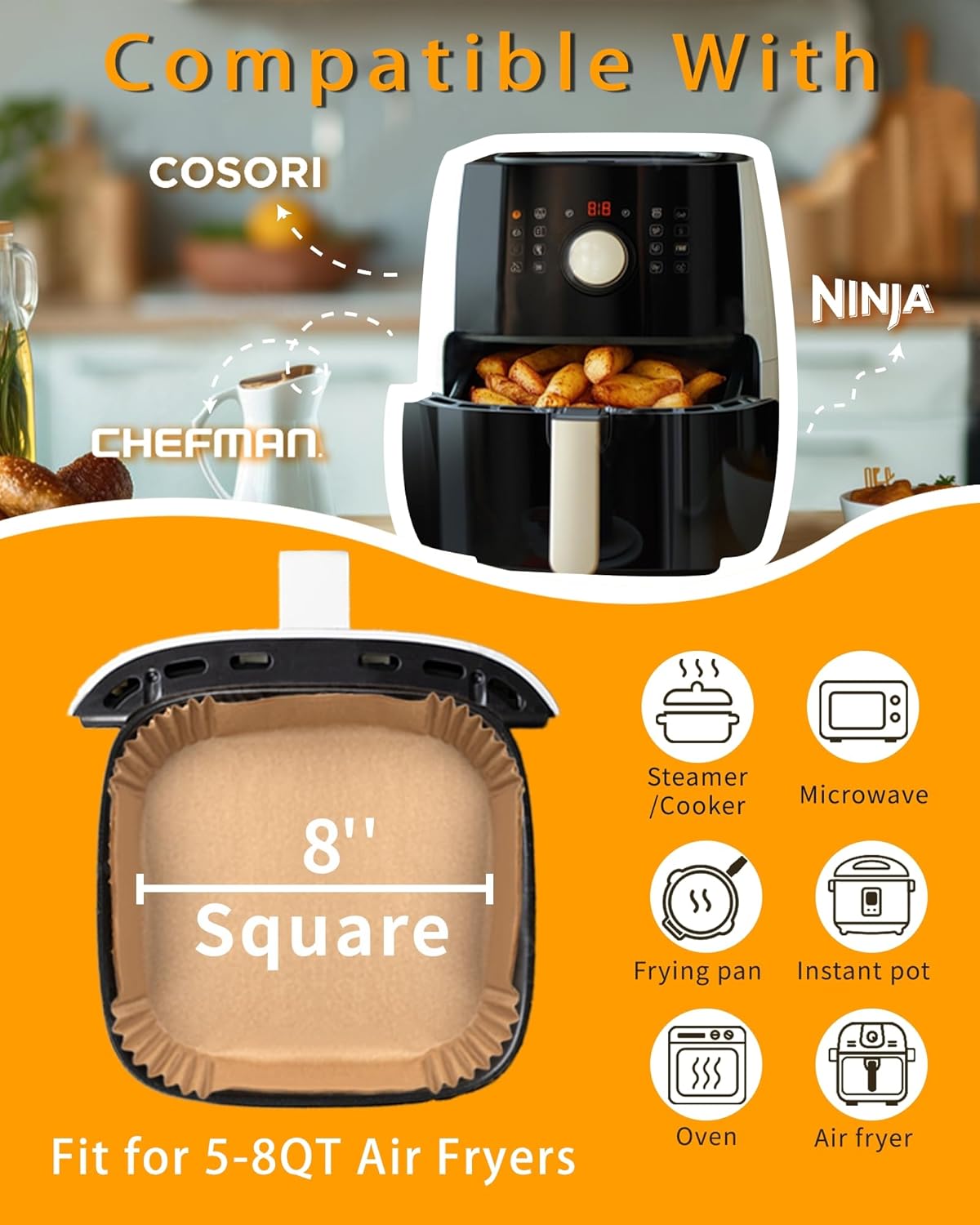 Skiennix Air Fryer Paper Liners - 500 Pcs Non-Stick Parchment for 5-8 QT Air Fryers | 8” Square, Oil Proof