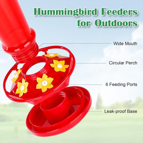 Fchstaer Hummingbird Feeder - 10 OZ Red Outdoor Feeder with 6 Ports & Ant Moat | Perfect Garden Gift
