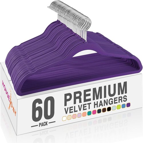 HOUSE DAY Velvet Hangers - 60 Pack Non-Slip Heavy Duty Purple Felt Suit Hangers | 360° Rotating Hook